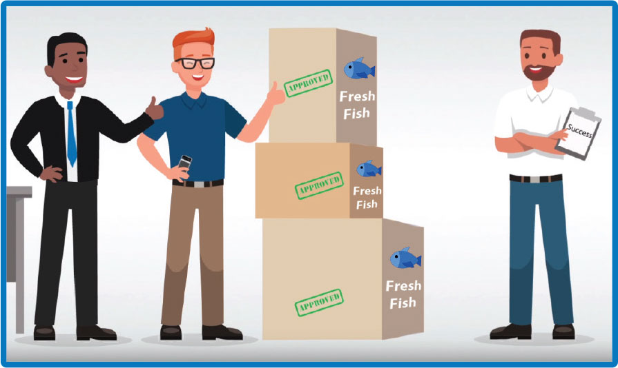 Illustration of company accepting delivery of fresh fish